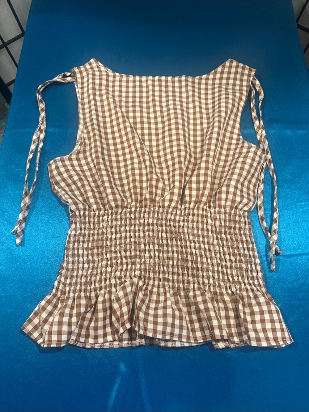 Brown Gingham Smocked Waist Sleeveless Top